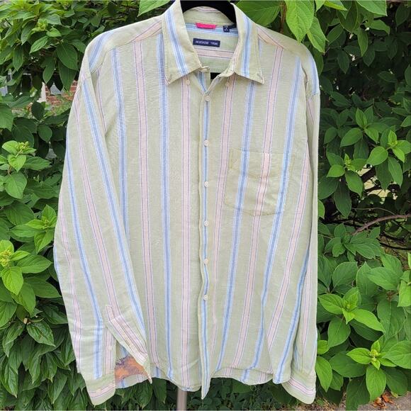 McKenzie Tribe Green Striped Linen Blend Flip Cuff Shirt size Medium - Picture 1 of 11